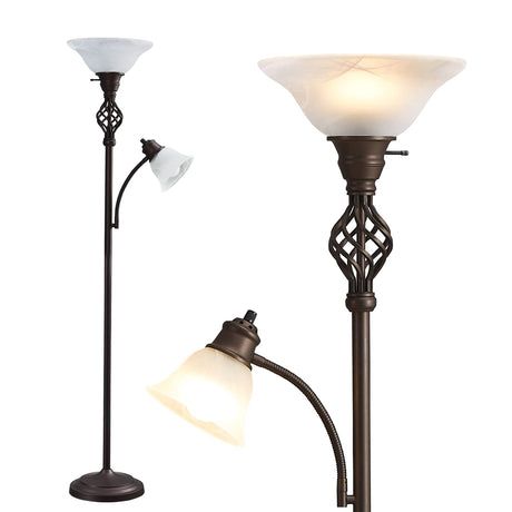 Torchiere Floor Lamp for Living Room, LED Standing Reading Light for Bedroom with Glass Shade for Living Room Corner Bedroom Home Office,Bulbs Included (Red Brown,Glass 2 Head) GyroVu