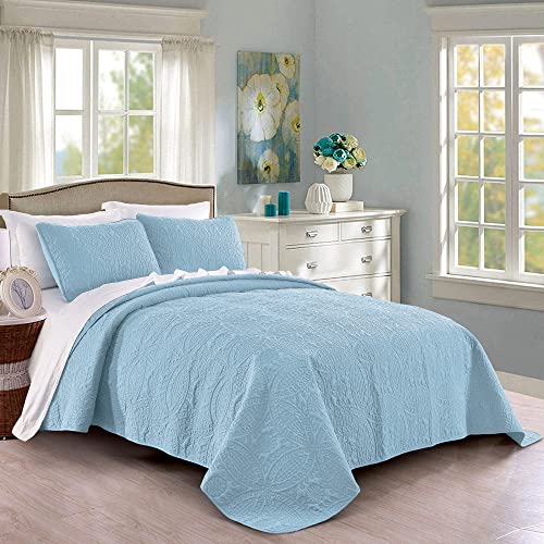 Quilt Set King/Cal King/California King Size Sky Blue - Oversized Bedspread - Soft Microfiber Lightweight Coverlet for All Season - 3 Piece Includes 1 Quilt and 2 Shams, Geometric Pattern Pure Bedding