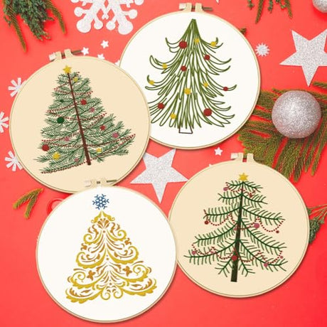 BEUNITONE 4PCS Christmas Tree Embroidery Kit Merry Christmas Stamped Snowflake Pine Tree Needlepoint Kit DIY Adult Beginner Stamped Cross Stitch Kit with Patterns and Instructions BEUNITONE