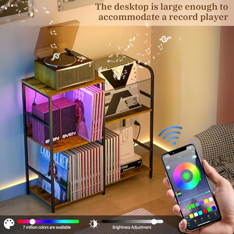 ThreeHio Record Player Stand with Power Outlets, Turntable Stand with Vinyl Storage Holds up to 300+ Albums, Storage Cabinet for Vinyl Records, Record Player Table with LED Light for Living Room ThreeHio