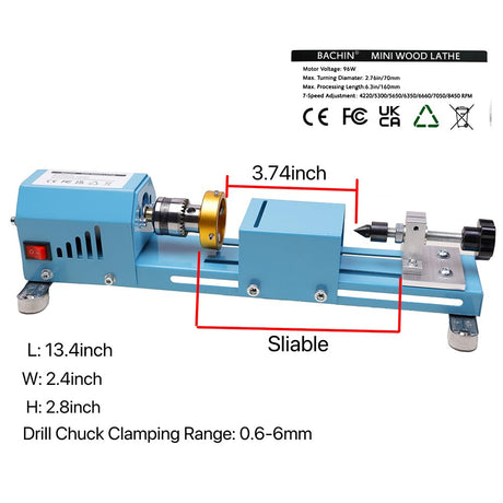 BACHIN Mini Lathe Wood Lathe Machine Multi-Purpose Type Lathe with Wood Lathe Milling Accessories, for Wood Polishing, Grinding, Cutting and Milling ，2.76 in x 6.3 in, 24VDC 96W，7 Speeds BACHIN