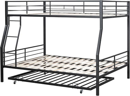 UOCFYK Full XL Over Queen Metal Bunk Bed with Trundle and Ladders for Teens Youths Adults,Heavy-Duty Bunk Bed with Guardrail,Space Saving Design,No Box Spring Needed,Black