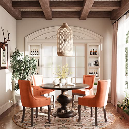 Aoowow Fabric Farmhouse Upholstered Side Chairs Set of 2, Vintage Solid Wood Kitchen Dining Room Chairs with Nailheads Solid Wood Legs (Orange) Aoowow