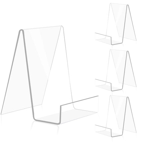 trophable 4 Pack Acrylic Book Stand Thickened Clear Book Display Easel Holder for Displaying Tablets Newspaper Magazines Notebooks Textbooks CDs (Clear-Small) trophable