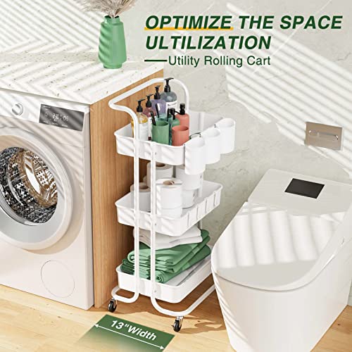 LEHOM 3-Tier Rolling Utility Cart with Hanging Cups & Hooks & Handle, Plastic Art Cart Organizer Storage with Wheels, Easy Assembly for Office, Bedroom, Kitchen, Bathroom, Laundry (White) LEHOM