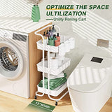LEHOM 3-Tier Rolling Utility Cart with Hanging Cups & Hooks & Handle, Plastic Art Cart Organizer Storage with Wheels, Easy Assembly for Office, Bedroom, Kitchen, Bathroom, Laundry (White) LEHOM