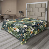 Ambesonne Floral Flat Sheet, Botanic Tropic Leaves and Flowers Hawaiian Theme Summer Plants Illustration, Soft Comfortable Top Sheet Decorative Bedding 1 Piece, Queen Size, Forest Green Ambesonne