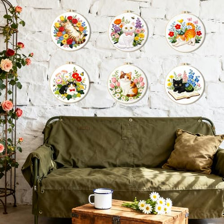 BEUNITONE 6 Set Varieties Cat and Flowers Embroidery Kit for Adults Beginners, Pre-Stamped Pattern Needlepoint Kits with Hoop, Tools, Instruction, Hand Embroidery Kits for Gifts, Fabric and Home Decor BEUNITONE