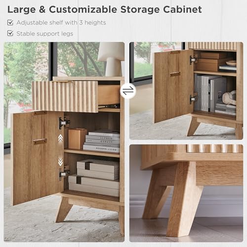 T4TREAM 60'' Fluted Executive L Shaped Desk, Modern Home Office Desk with Charging Station and File Drawer, Computer Corner Desks with Drawers & Storage Cabinet for Office Home, Bedroom, Natural Oak T4TREAM