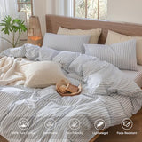 MooMee Striped Duvet Cover Set 100% Washed Cotton Linen Like Textured Breathable Durable Soft Comfy (Cornflower Blue White Classic Stripes, King 104"x90") MooMee