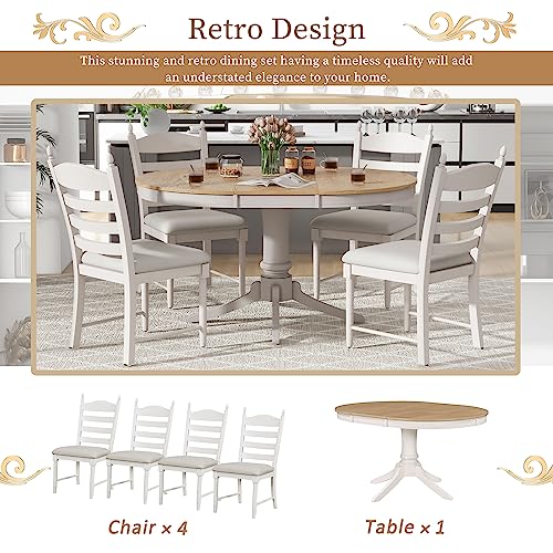 Dinehome 5-Piece Wooden Round Extendable Dining Table and 4 Upholstered Chairs Set for Kitchen Living Room, Retro Style, Off White - WoodArtSupply