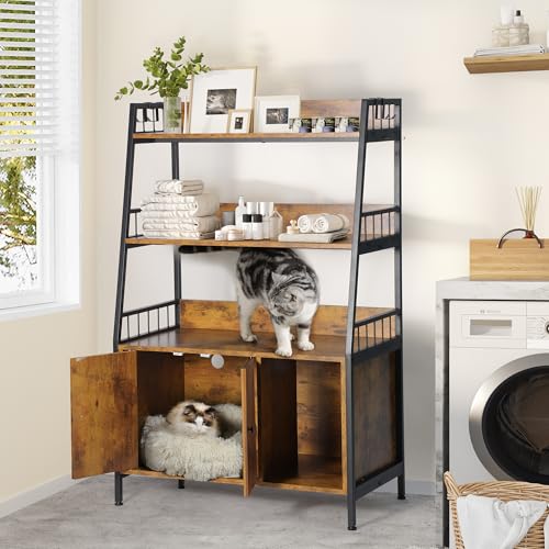 YITAHOME Cat Litter Box Enclosure with Shelves Storage, Indoor Large Litter Box Furniture Wooden Hidden Cat Cabinet Washroom Corner, Rustic Brown - WoodArtSupply