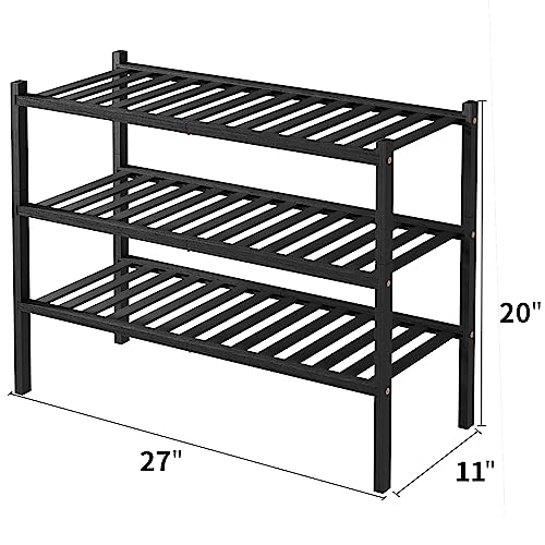 ROMGUAR CRAFT 3 Tier Bamboo Shoe Rack for Closet Free Standing Wood Shoe Shelf Storage Organizer for Entryway Small Space Stackable 27"x11"x20" (Black) ROMGUAR CRAFT
