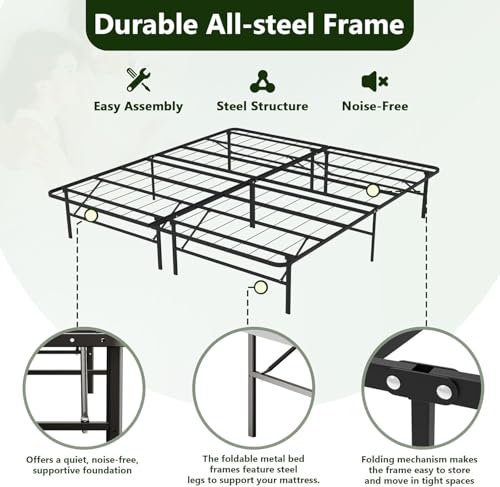 MAKE CHANGES Queen Folding Bed Frame, Heavy Duty Metal Queen Platform with 14" Storage, Easy Assembly, No Box Spring Needed, RV & Motel Ready MAKE CHANGES