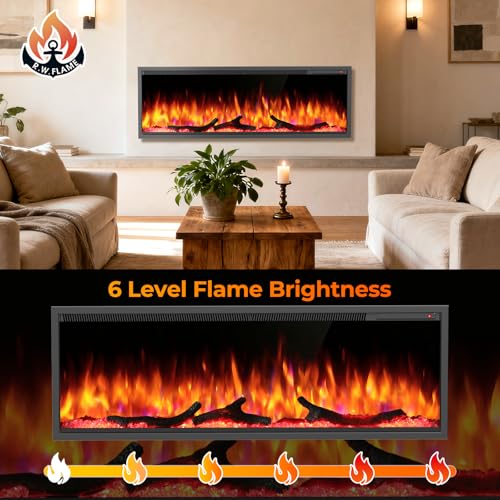 R.W.FLAME 50 Inch Smart Electric Fireplace Recessed and Wall Mounted with Adjustable Flame Colors and Speed, Alexa/WiFi Enabled, APP Control with Multiple Sound Modes, Log & Crystal Options R.W.FLAME