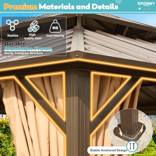 EROMMY 10' x 10' Hardtop Gazebo, Galvanized Steel Double Roof Gazebo with Aluminum Frame, Permanent Outdoor Metal Pavilion with Curtain and Netting for Patio, Lawn and Garden EROMMY