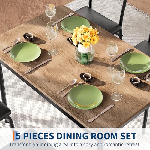 Garvee 5 Piece Dining Table Set, Wooden Kitchen Table Set with 4 PU Upholstered Chair, Industrial Metal Frame Dinette Set for Dining Room, Home Dinner, Party, Apartment, Studio, Black Garvee