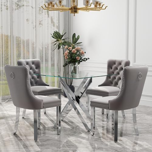 HAIZAO 5 Piece Silver Luxury Glass Dining Set, Modern Minimalist Kitchen Table Set for 4, 36'' Clear Square Glass Top Dinner Room Set, Grey High-end Tufted Chairs, for Small Place Living Room HAIZAO