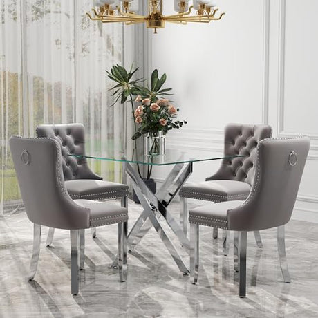 HAIZAO 5 Piece Silver Luxury Glass Dining Set, Modern Minimalist Kitchen Table Set for 4, 36'' Clear Square Glass Top Dinner Room Set, Grey High-end Tufted Chairs, for Small Place Living Room HAIZAO