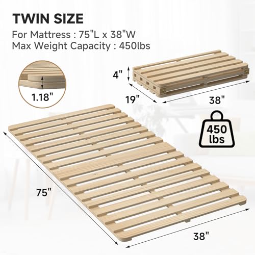 DoCred Solid Pine Wood Foldable Slatted Bed, Japanese Floor Bed Frame Moisture-Proof, Beds Plate for Japanese Floor Futon Mattress, Guest Tatami Mat, Floor Sleep Bedding,Twin DoCred