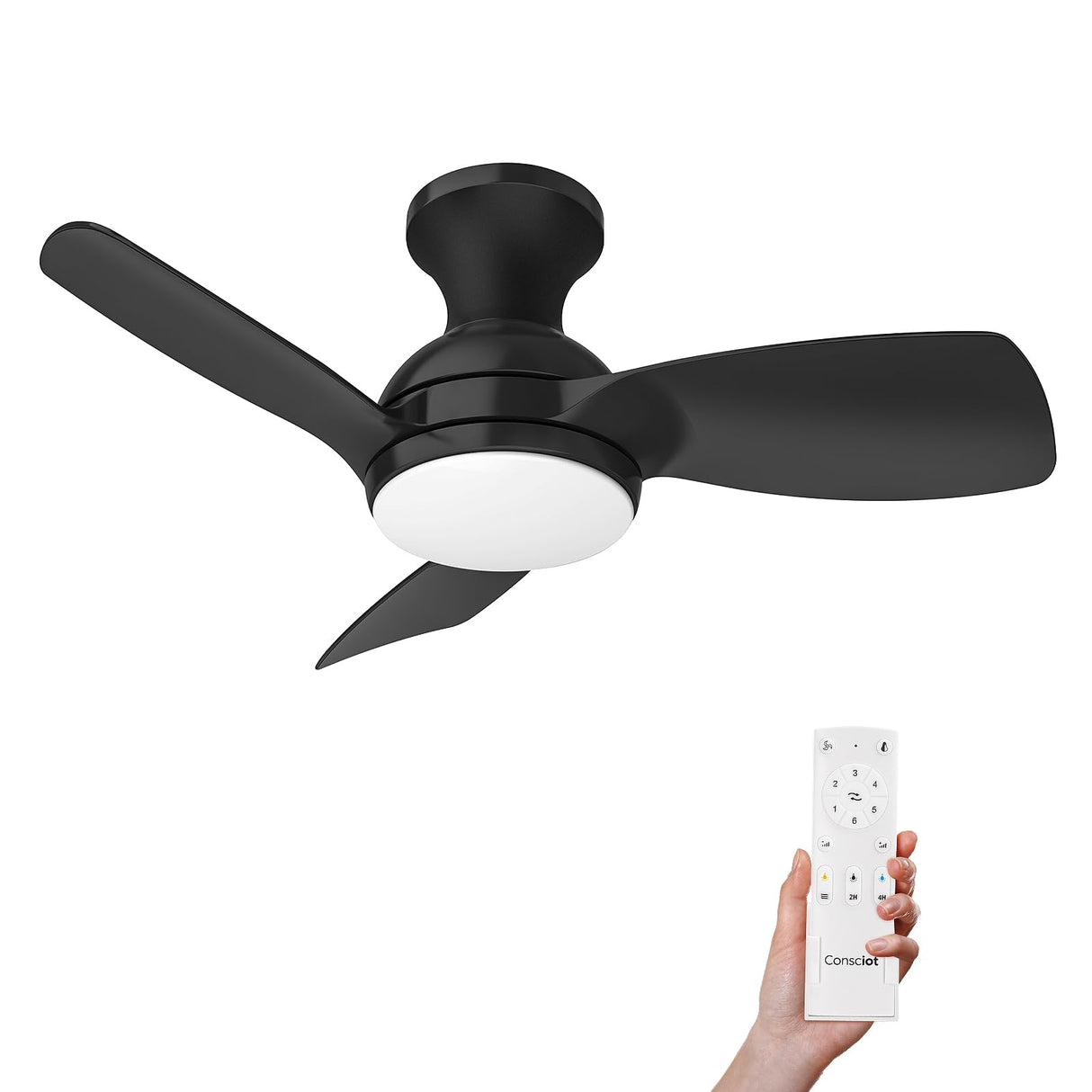 Consciot Ceiling Fan, 30 Inch Ceiling Fan With Lights Remote Control, Black Low Profile Modern Ceiling Fan, Flush Mount, Reversible Quiet DC Motor, 6 Speed, Dimmable, Kitchen Bedroom Patio Damp Rated Consciot