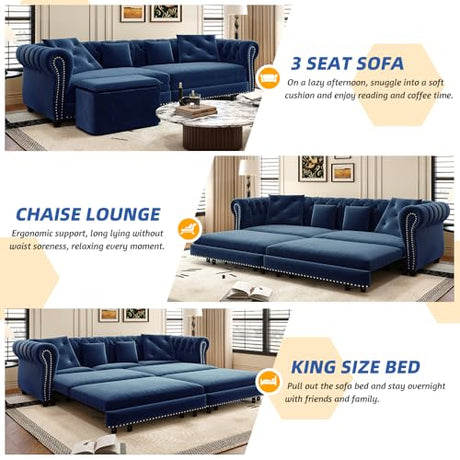 Tabaray 89'' Pull Out Sofa Bed King, Chesterfield Velvet Sleeper Sofa, Convertible L-Shaped Futon Couch, Tufted Back, 4 Pillows, Ottoman, Deep Seat Loveseat Couches for Living Room, Apartment, Blue Tabaray