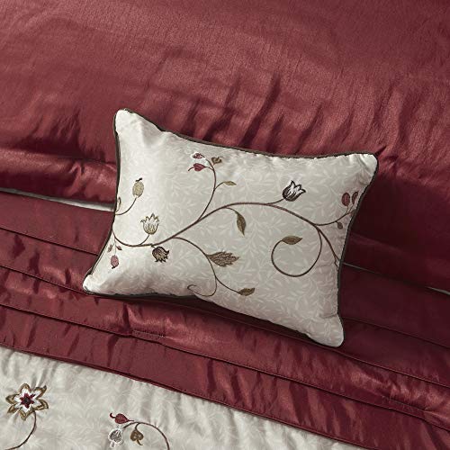Madison Park Serene Faux Silk Comforter Set - Floral Embroidery Design, All Season Bedding Set, Matching Bed Skirt, Decorative Pillows, Red Cal King(104"x92") 7 Piece Madison Park