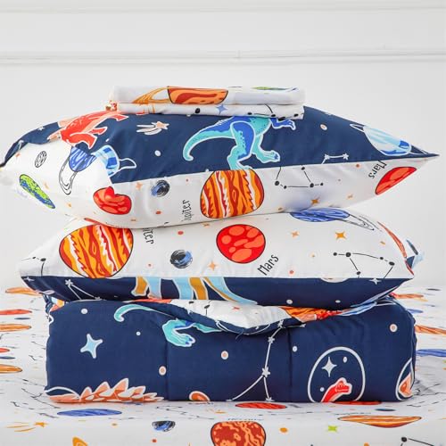 NTBED Dinosaur Kids Comforter Set Twin Size 5 Pieces Bed in A Bag for Boys Girls,Glow in The Dark Space Planet Bedding Set with Sheet NTBED