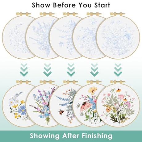 ERKOON Embroidery Kit for Beginners, 5 Sets Flower Cross Stitch Set for Adults Include Embroidery Cloth Hoops Threads for Craft Lover Hand Stitch with Skill Techniques (Flower) ERKOON
