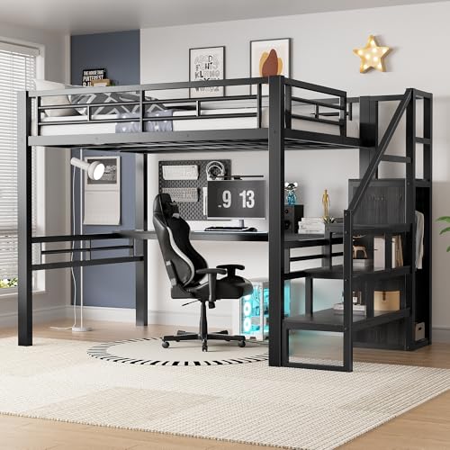 PVWIIK Staircase Queen Size Loft Bed with Desk and Wardrobe,High Loft Bed Frame for Kids Youths Adults Dorm Bedroom, No Box Spring Needed,Black PVWIIK
