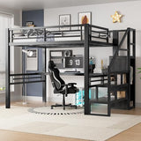 PVWIIK Staircase Queen Size Loft Bed with Desk and Wardrobe,High Loft Bed Frame for Kids Youths Adults Dorm Bedroom, No Box Spring Needed,Black PVWIIK