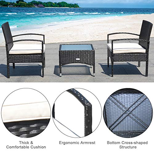 Tangkula 3 PCS Patio Wicker Rattan Furniture Set, Rattan Chair with Coffee Table, High Load Bearing Chair Conversation Sets for Patio Garden Lawn Backyard Pool (Black) Tangkula
