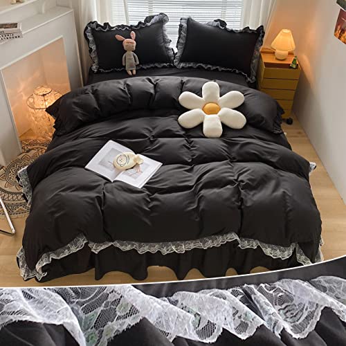MOOWOO Chic Ruffle Lace Polyester Duvet Cover Set - Luxury Premium Black Bedding-2 Piece Twin Duvet Cover with Zipper Closure -Ultra Soft and Light Weight(Black, Twin) MOOWOO