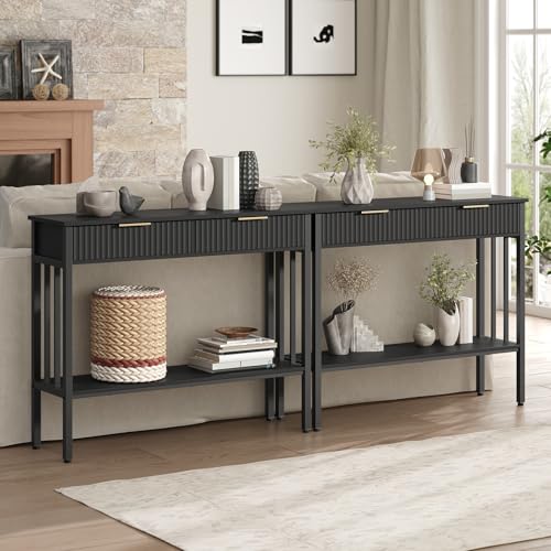 MAHANCRIS Console Table, Narrow Long Entry Table with Storage Shelf, 2-Tier Fluted Entryway Table with 2 Drawers, for Entryway, Living Room, Foyer, Hallway, Office, Black CTHB5101 MAHANCRIS