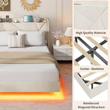 GarveeHome Full Floating Bed Frame with LED Lights & Charging Station, Upholstered Platform Beds with Storage Headboard & Folding Shelves Storage, Metal Slats Support, No Box Spring Needed, Beige GarveeHome