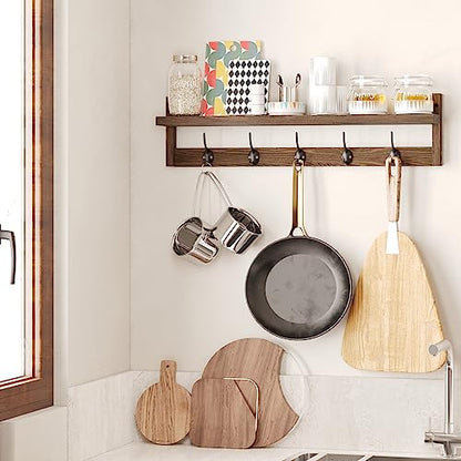 AMBIRD Wall Hooks with Shelf 28.9 Inch Length Entryway Wall Hanging Shelf Wood Coat Hooks for Wall with Shelf Wall-Mounted Coat Hook Rack with 5 Dual Hooks for Bathroom, Living Room, Bedroom  - WoodArtSupply