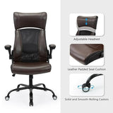 Clearance Executive Office Chair, Ergonomic Leather Desk Chair - Widened Adjustable Headrest with Flip-Up Arms, High Back Computer Swivel Task Chair with Lumbar Support, Brown ZLHECTO