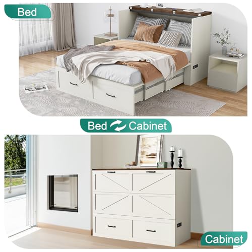 Hlivelood Full Size Murphy Chest Bed with Drawer and Charging Station, Farmhouse Wood Space-Saving Hidden Folding Beds Chest, Multifunctional Storage Cabinet Bed for Bedroom, Office, Rustic White Hlivelood