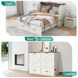 Hlivelood Full Size Murphy Chest Bed with Drawer and Charging Station, Farmhouse Wood Space-Saving Hidden Folding Beds Chest, Multifunctional Storage Cabinet Bed for Bedroom, Office, Rustic White Hlivelood