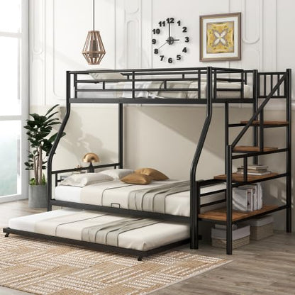 Metal Bunk Bed with Trundle Bed Twin Over Full Size Metal Bunk Bed with Storage Staircase, Black