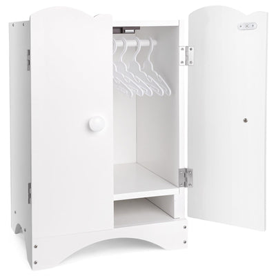BABESIDE Wooden Baby Doll Closet, Wooden Furniture Armoire Dolls Wardrobe for Baby Doll Clothes Storage, Fit 12-16 Inch Doll Clothes, Includes 10 Clothes Hangers, Pretend Play for 3+ Girls Boys