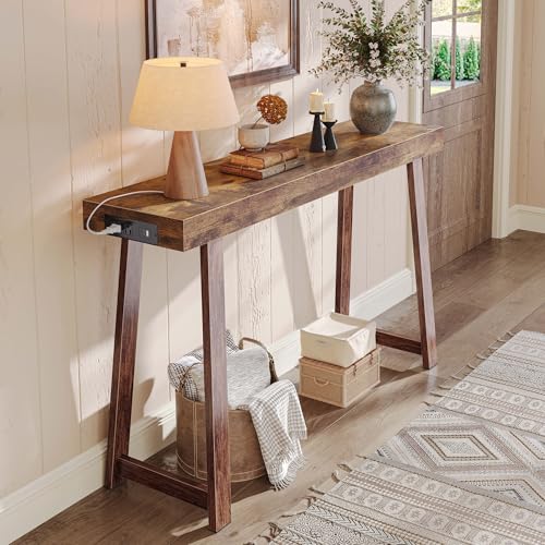 Huuger Entryway Console Table with Charging Station, USB-C Port, 47.2 Inch Sofa Table with Metal Legs, Entry Hallway Table with Thicker Desktop, Modern Behind Couch Table, Rustic Brown Huuger
