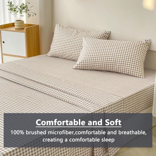 NSNLGSGC Tan Gingham Full Sheet Set, Soft Brushed Microfiber Taupe Plaid Full Bed Sheets, 4-Pieces Brown Grid Sheet Set with Deep Pocket NSNLGSGC