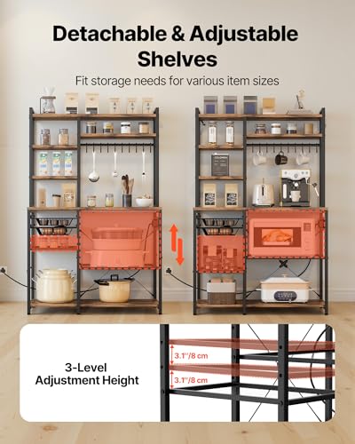 VEVOR Kitchen Bakers Rack with Power Outlets, 35.4x15.7x70.9 Inch Microwave Stand with Built-in Power Strip & 5 Ft Cord, 10 S-Shaped Hooks, for Dish Storage, Spice Jars, Coffee Bar Organization