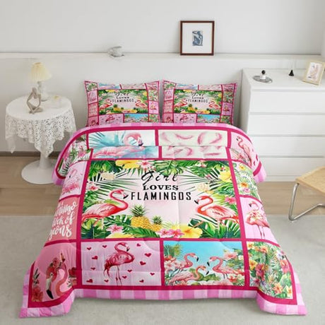 Feelyou Flamingo Comforter Set for Kids Boys Girls Tropical Flamingo Leaf Comforter King Size Animal Decor Bedding Set Bedroom Decor Bird Pink Duvet Set Quilt Set 3Pcs Feelyou
