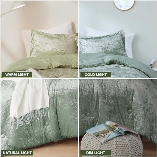 Comfort Spaces Luxe Queen Comforter Set Velvet Comforters for Queen Size Bed, Microfiber Reverse, Juliette, All Season Velvet Bedding Queen Size, Fluffy Bed Set, Sham, Full/Queen, Sage Green 3 Piece Comfort Spaces