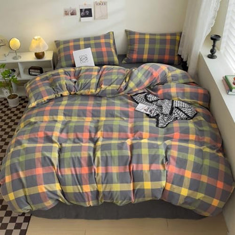 DONUES Plaid Duvet Cover Set King Size Bedding Set 100% Washed Cotton Reversible Multicolor Grid Checkered Duvet Cover with 2 Pillowcases(Queen 104"x90", Comforter Not Included) DONEUS
