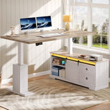 YITAHOME L Shaped Standing Desk with Power Outlets & LED Lights, 63" Farmhouse Electric Standing Desk Adjustable Height Sit Stand Corner Stand Desks with Drawers & Sliding Door, Grey Wash YITAHOME