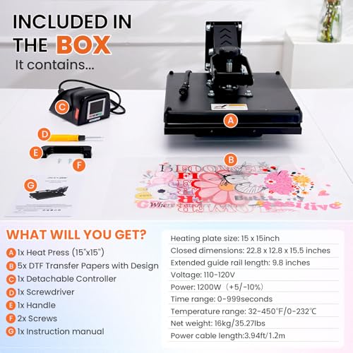 Whubefy Heat Press Machine 15x15 with Fully Slide Out Drawer, 1200W Heat Press Machine for T Shirts Printer, Heat up Fast&Even, Sublimation Shirt Press Machine for Mouse Pad, Pillow, Coaster, Puzzles Whubefy