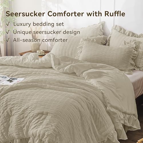 JOLLYVOGUE Twin Size Comforter Set, 2 Pieces Linen Seersucker Lightweight Fluffy Bedding Set, Twin Ruffle Comforter, All Season Soft Microfiber Shabby Chic Bed Set JOLLYVOGUE